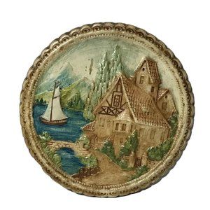 Vintage Handpainted Chalkware 10” Round Wall Decor Plaque Waterfront Scene